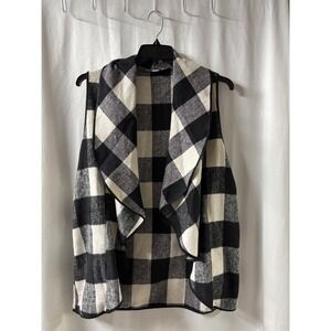 FAVL LUX Women's 1X Black White Plaid Shawl Collar Sleeveless‎ Vest